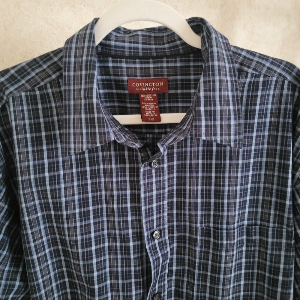 Navy Blue Plaid Mens Dress Shirt Covington Long Sleeve Size XL